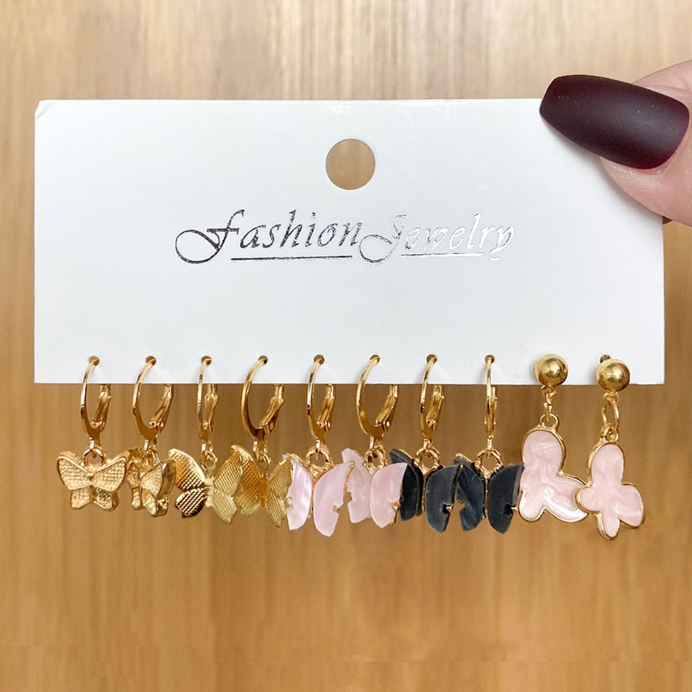EN Boho Butterfly Flower Pendant Drop Earrings Set For Women Girls Korean Fashion Acrylic Pearl Dangle Earrings Party Jewelry