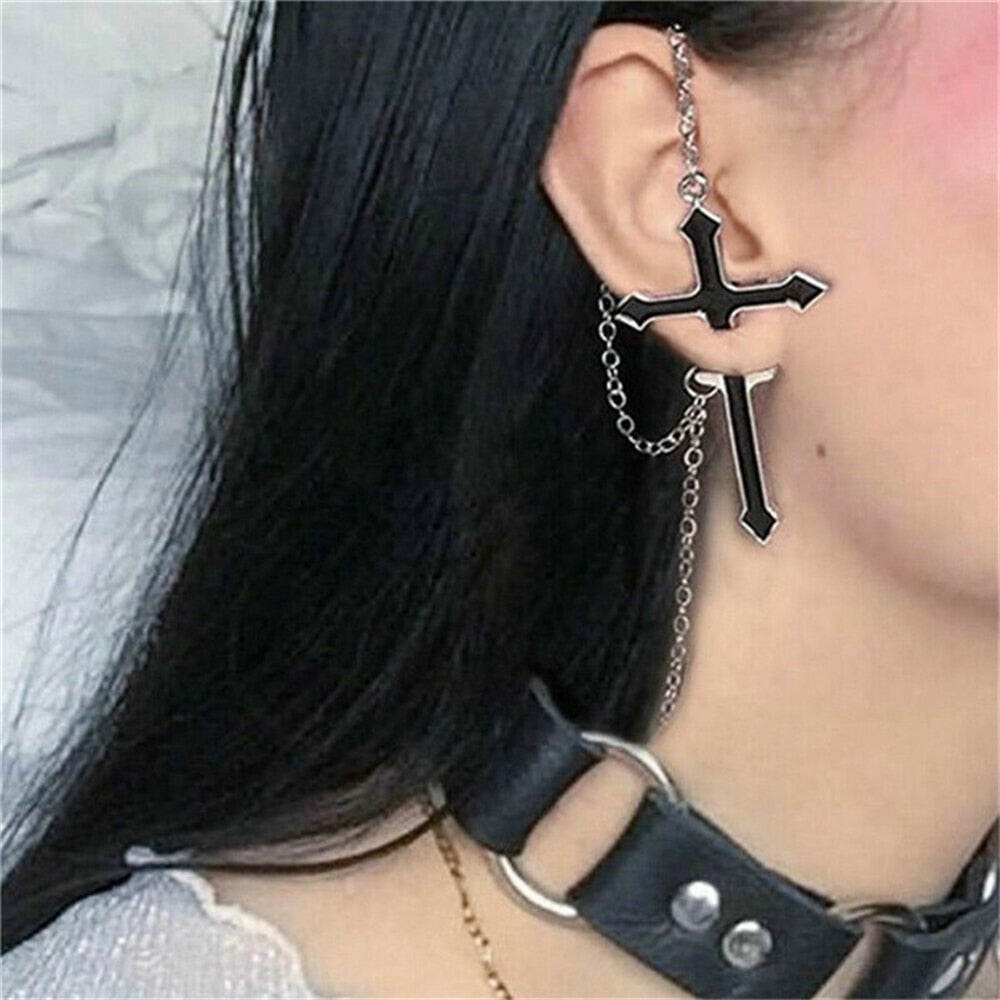 Punk Black Cross Sword Ear Piercing Earrings With Long Chain Hanging Cross Dangle Drop Earrings For Women Men Party Jewelry
