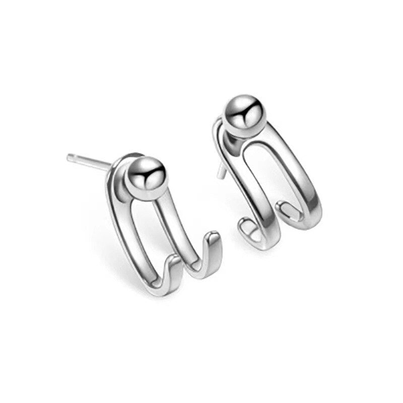 Fashion Silver Color Double Hook Bead Back Hanging C-shaped Stud Earrings for Women&#39;s Personality Hip-hop Fashion Jewelry