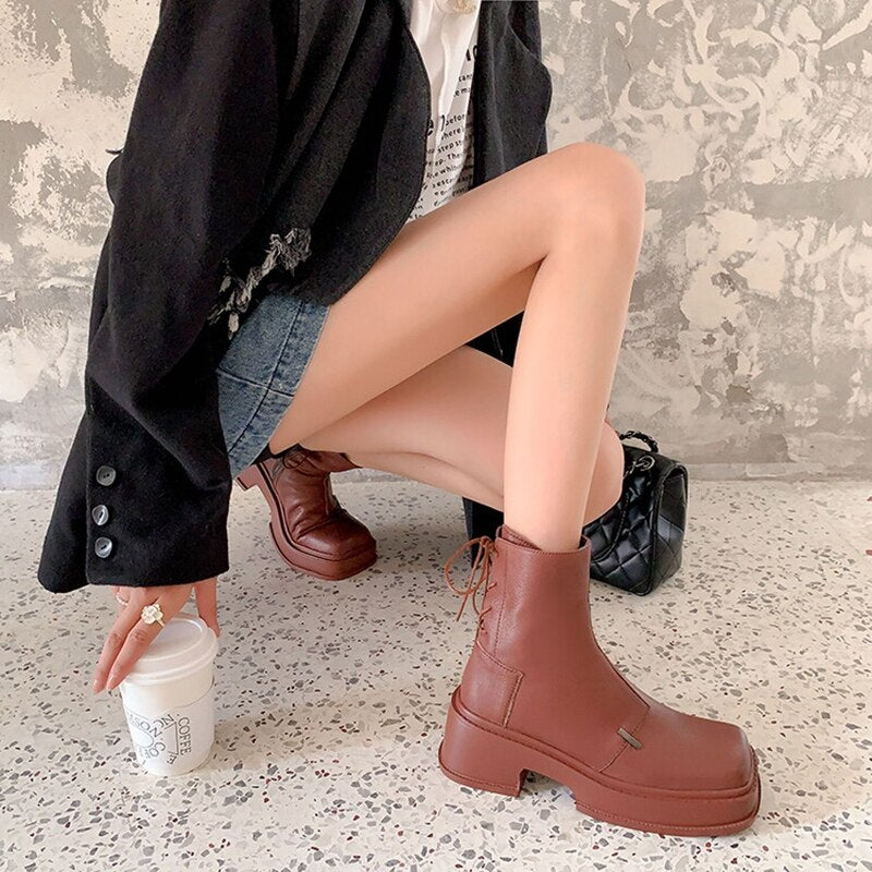 funninessgames  fashion inspo    NEW Fall Shoes Women Genuine Leather Boots Round Toe Chunky Boots for Women Casual Platform Boots Solid Zipper Ankle Boots Women