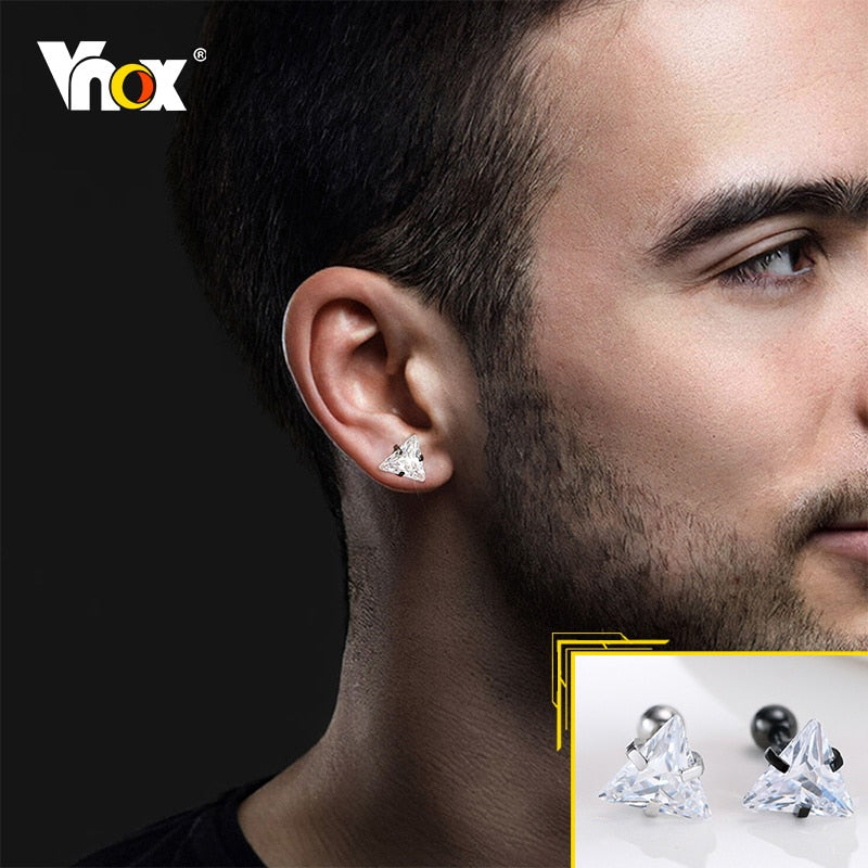Vnox Cool Punk Triangle Stud Earrings for Men Jewelry, Anti Allergy Stainless Steel Geometric Ear Clip Accessory,1 Piece/ Pair