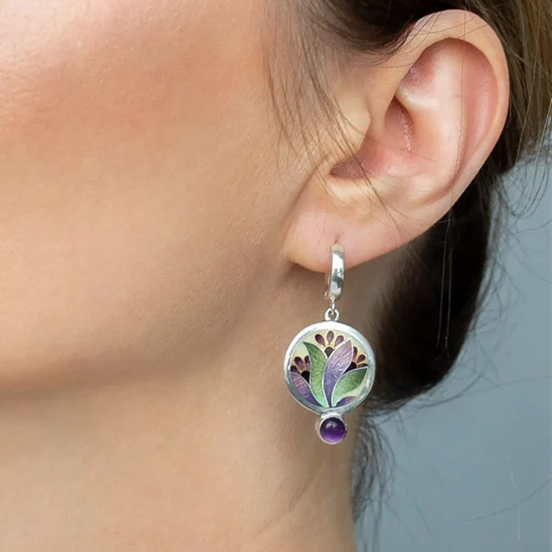 Trendy Round Green Purple Painted Flowers Women Earrings Vintage Silver Color Metal Inlaid Purple Zircon Dangle Earrings