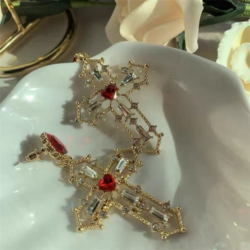 Vintage Red Heart Crystal Earrings for Women Cross Pendant Rhinestone Dangle Ear Clip Jewelry Party Anniversary Gift Pendientes