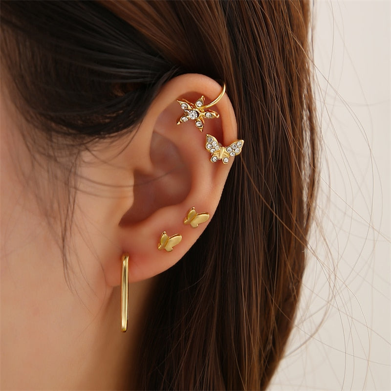 17KM Vintage Gold Color Earrings Set Crystal Non-Piercing Ear Cuff Hollow Earrings for Women Trendy Jewelry Wholesale