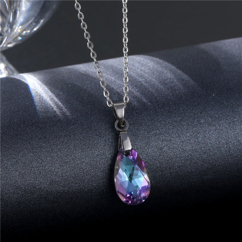 Colgante Cristal Collar 2022 New Stainless Steel O Chain Water Drop Pendant Necklace Teardrop Crystal Charm Choker Necklace