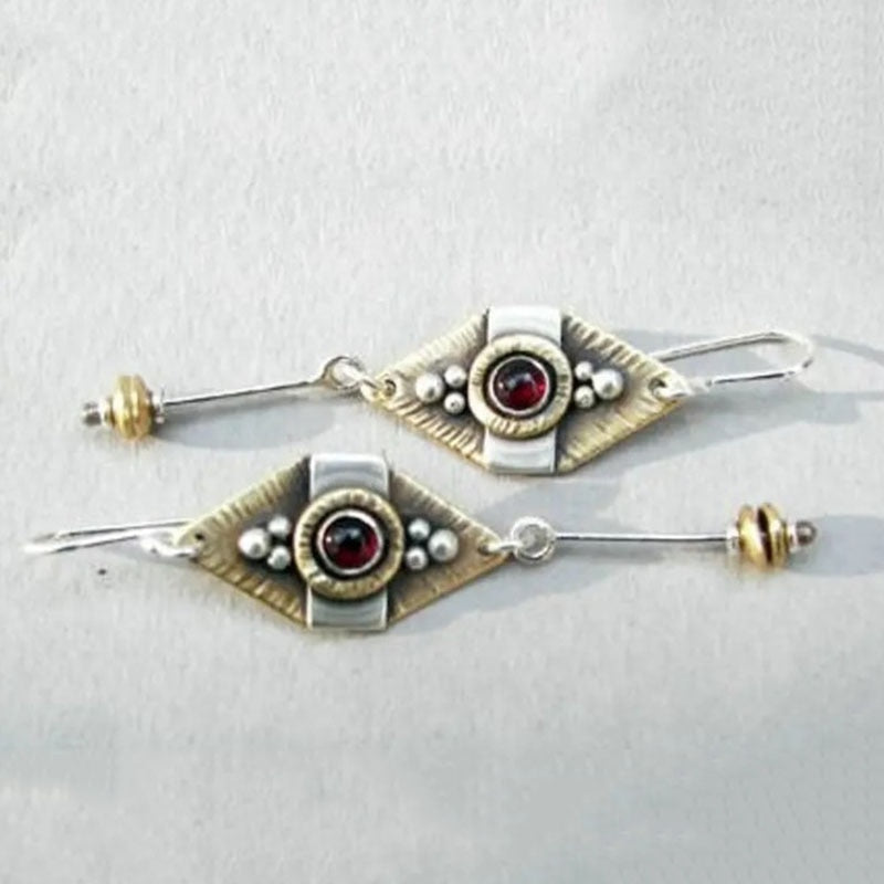 Tribal Metal Two Tone Inlaid Red Zircon Earrings Gypsy Jewelry Geometric Carved Hanging Dangle Earrings for Women