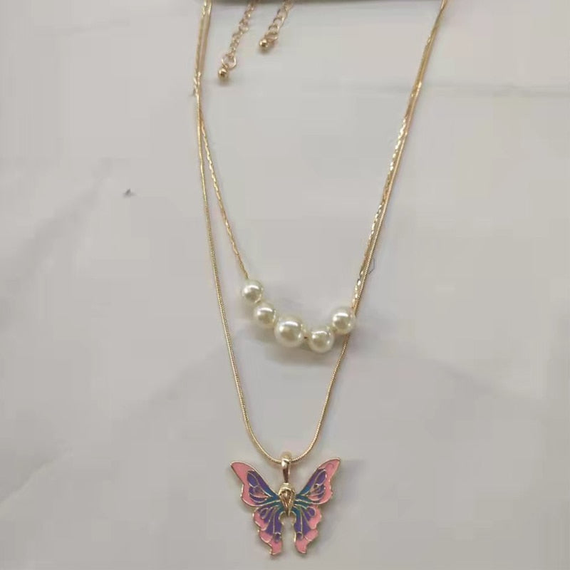 Fashion Women Butterfly Necklaces Thai Pop Butterfly Pearl Necklace Double Choker Chains Jewelry