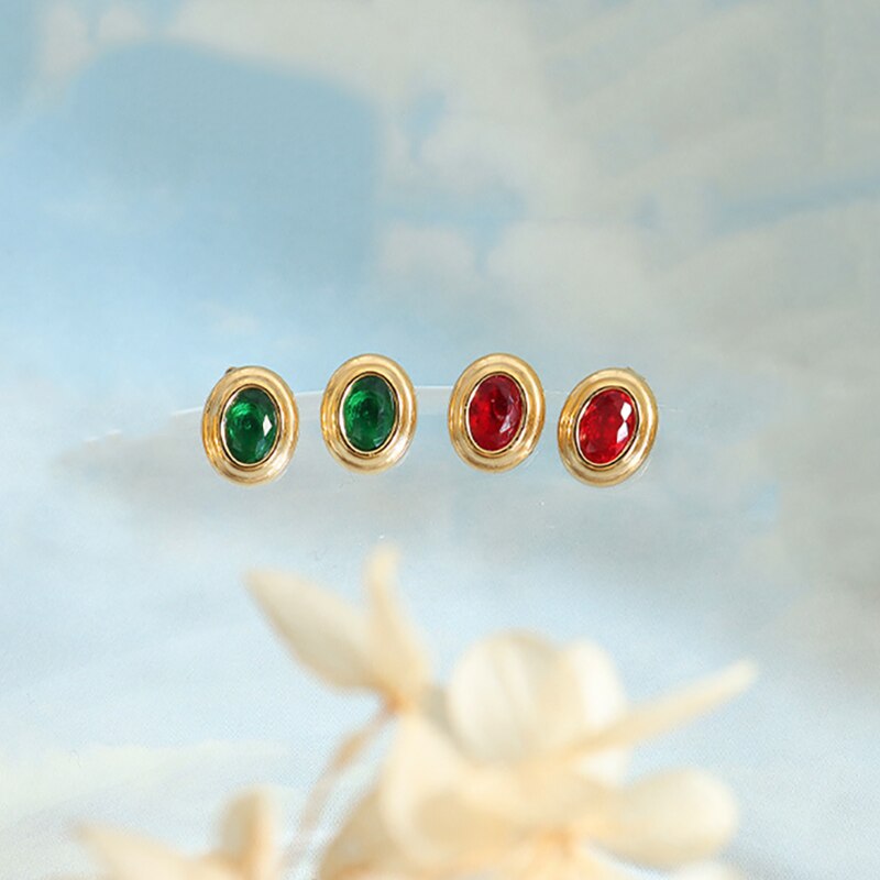 INS French Vintage Chic Red Green Zircon Egg Earring for Women Stainless Steel Jewelry Aretes De Mujer Modernos 2022 Wholesale