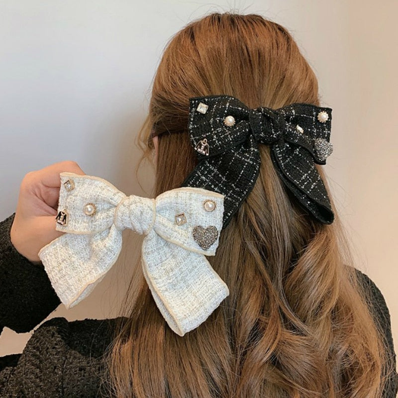 Elegant Plaid Cloth Hairpins Adult Crystal Heart Pearl Luxury Fabric Bow Hair Clip Pin for Girls Women Hair Jewelry Headpiece