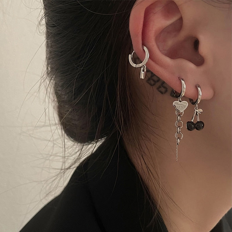 Asymmetric Love Heart Cherry Dangle Earrings Set Silver Color Elegant Set of Earrings 2022 Trend Girls Earring for Women jewelry