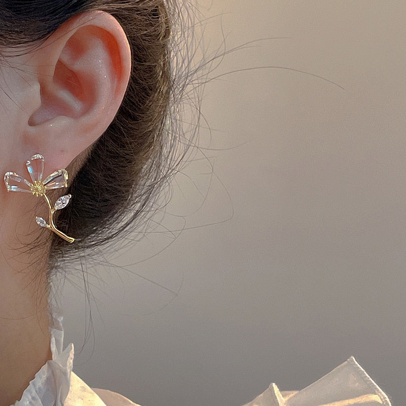 Elegant Crystal Flower Earrings For Women  2022 New Fashion Korean brincos Party Girls Temperament Jewelry