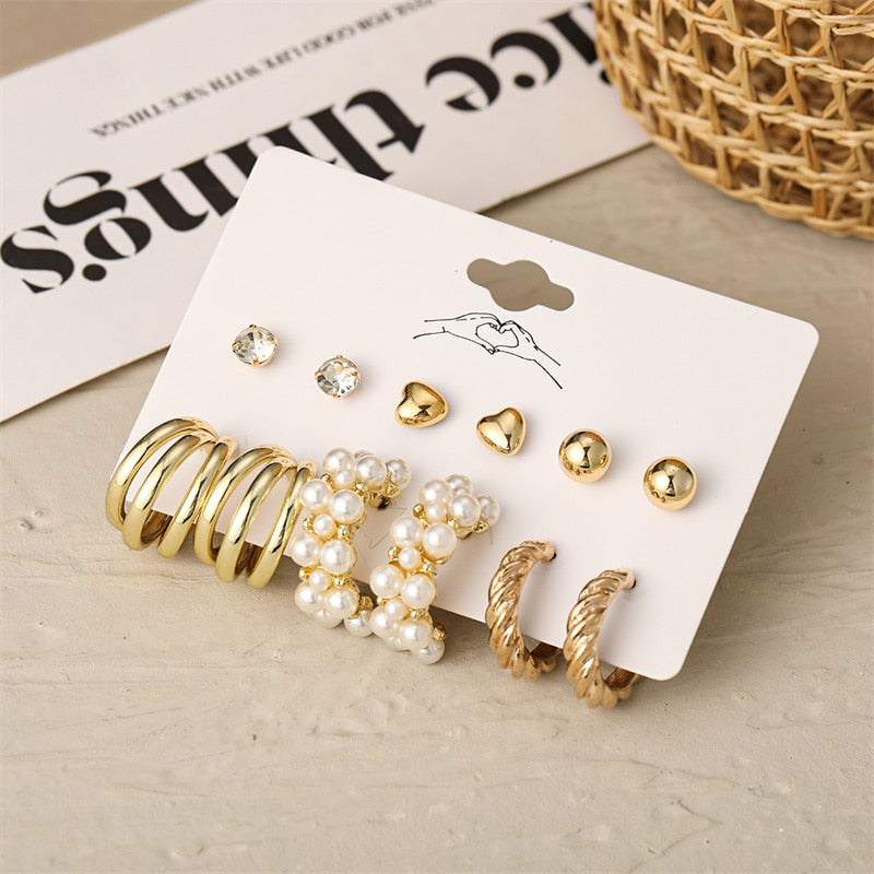 Vintage Geometry Earrings Set Gold Color Heart Leopard for Women Simple Pearl Metal Square Round Fashion Party Jewelry