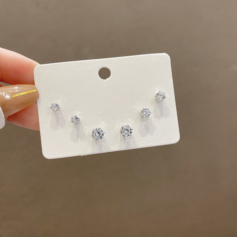 6pcs/set White Crystal Zircon Stud Earring  for Women Jewelry Bijoux Brincos Pendientes Mujer 2022 New