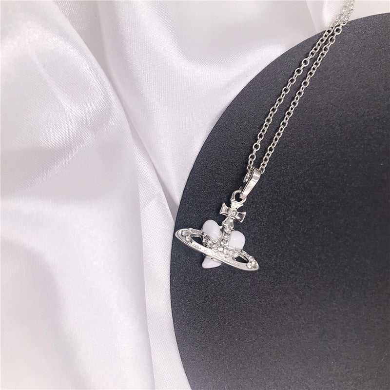 Trendy Heart Saturn Necklace for Women High Quality Luxury Jewelry Pendant AAA Shiny Zirconia Wedding Party Gift Stainless Steel