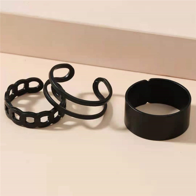Vintage Black Rings Set For Women Girls Punk Metallic Geometric Simple Adjustable Finger Rings Set Trend Jewelry Gifts