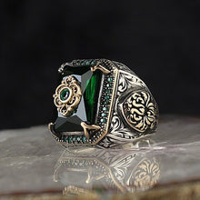 Load image into Gallery viewer, 2023 new Retro Ethnic style signet ring for Men Women antique silver carved ring inlaid with green Zircon locomotive punk ring