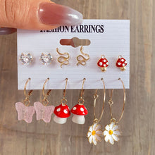 Load image into Gallery viewer, 6pcs/set Snake Butterfly Earrings Set For Women Girls Vintage Metal Silver Plated Rhinestones Heart Drop Earrings Jewelry Gift
