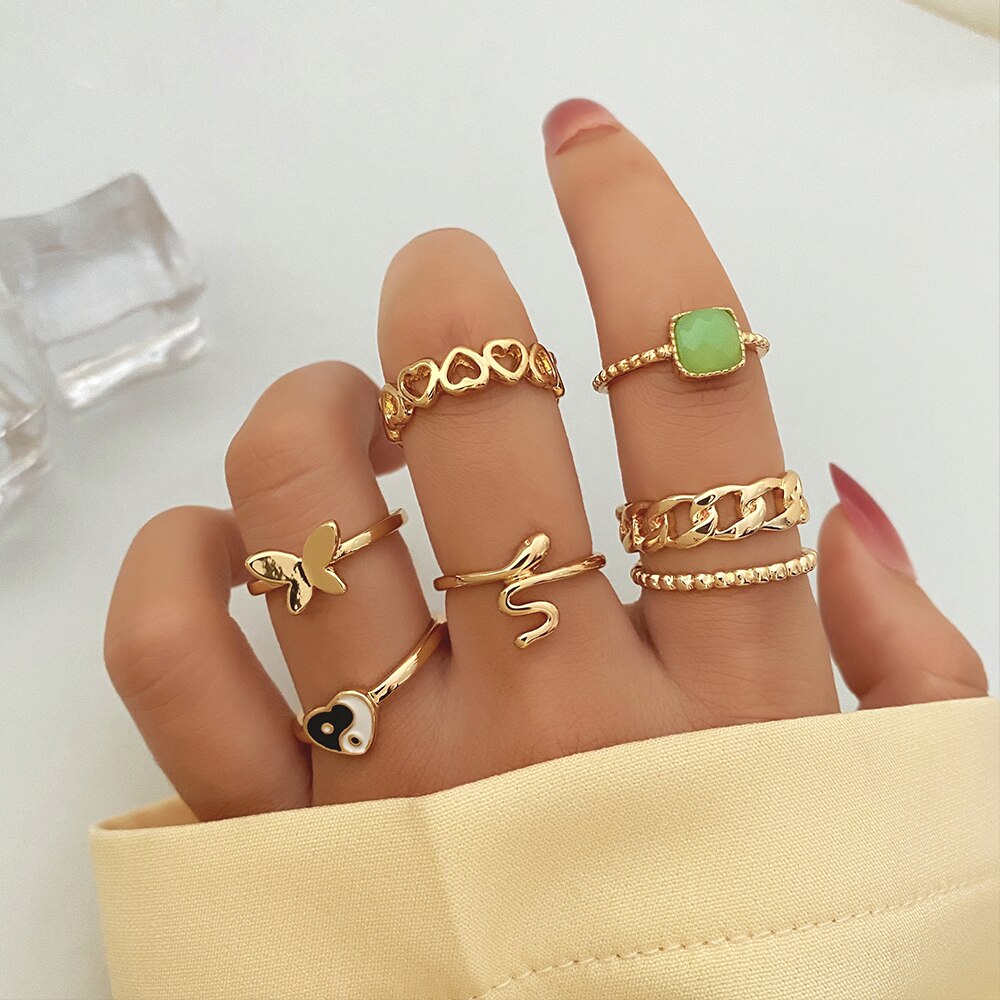 KINFOLK INS Style 5Pcs/Set Gold Color Pearl Rings Set For Women Square Leaf Chain Finger Rings Charm Jewelry Birthday Gifts 2022