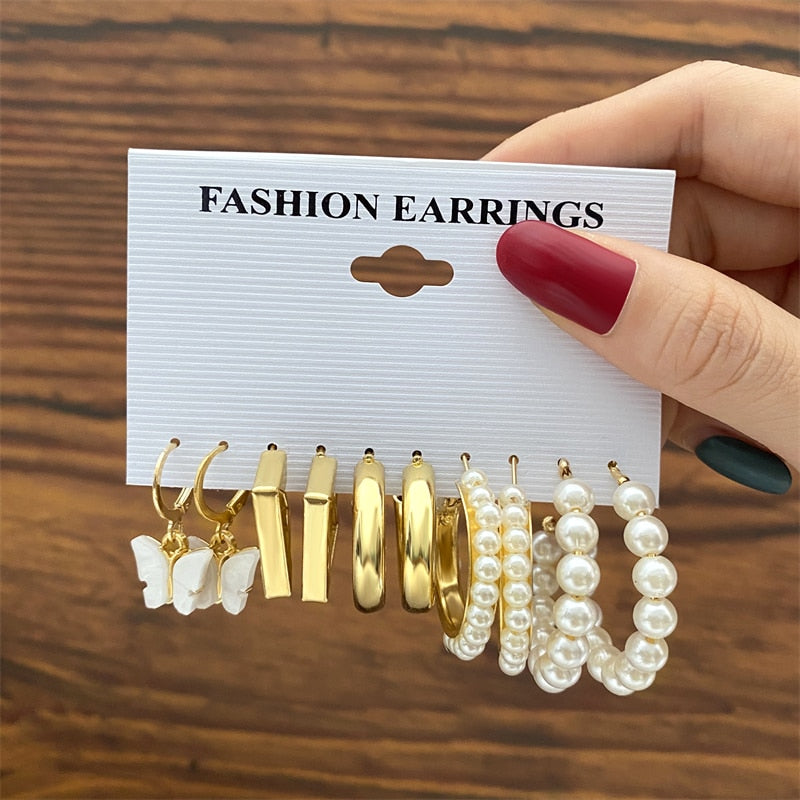 Vintage Gold Color Earrings Set Geometry Pearl Earrings For Women Simple Square Round Fashion Party Jewelry 2022 New
