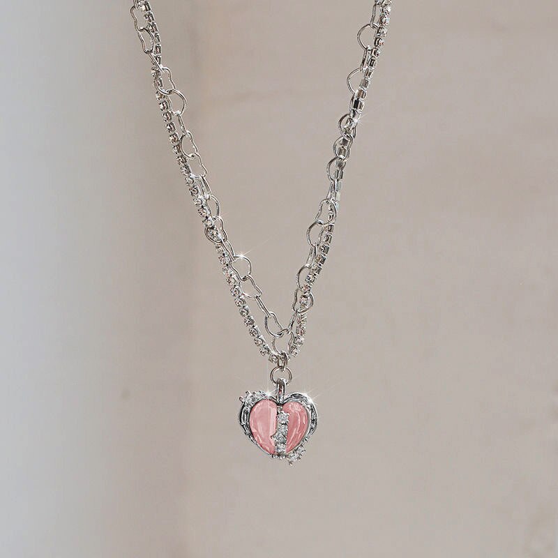 Elegant Split Love Flashing Zircon Necklace For Women Sweet Pink Heart Pendant Choker Party Wearing Accessories Jewelry Gifts