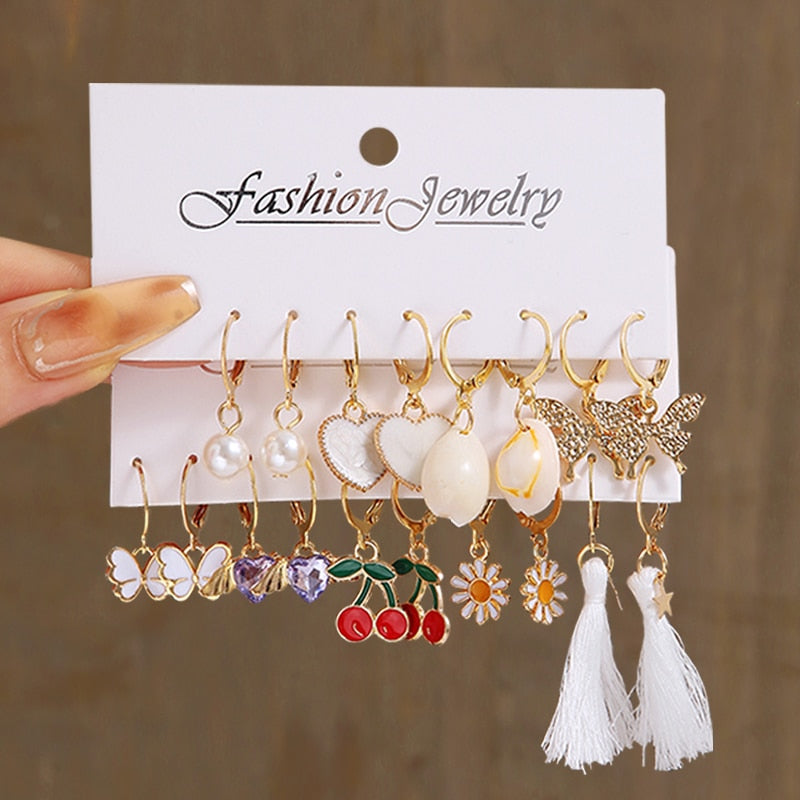 17KM 18Pcs/Set Gold Color Earrings Set Butterfly Cherry Heart Earrings for Women Snake Animals Crystal Shell Oil Drip Jewelry