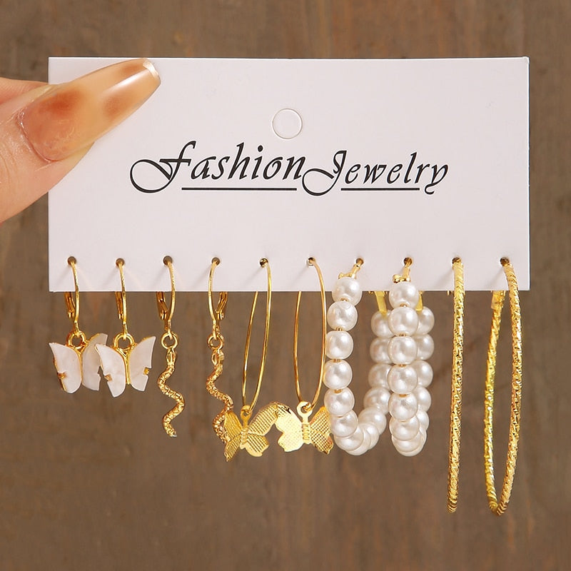 17KM Pearl Leopard Print Dangle Earrings Set Acrylic Gold Color Hoop Earrings for Women Butterfly Twist Earrings Trendy Jewelry