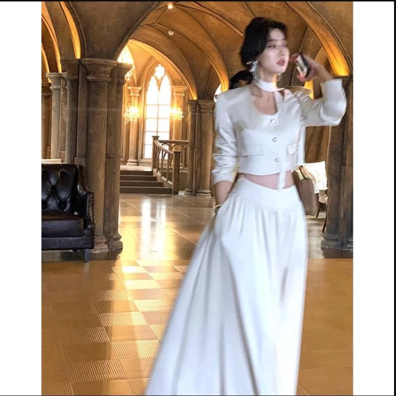 funninessgames French White Long Sleeve 2 Piece Set for Women Autumn New Elegant Fashion Short Top High Waist Long Skirt Suit Female Clothing