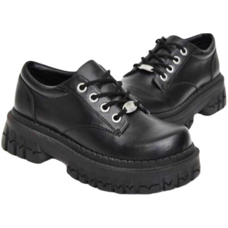 Women Oxfords 2022 Spring Autumn Casual Platform Shoes Black Lace Up Leather Shoe Sewing Fashion Round Toe Chunky Sole Flats