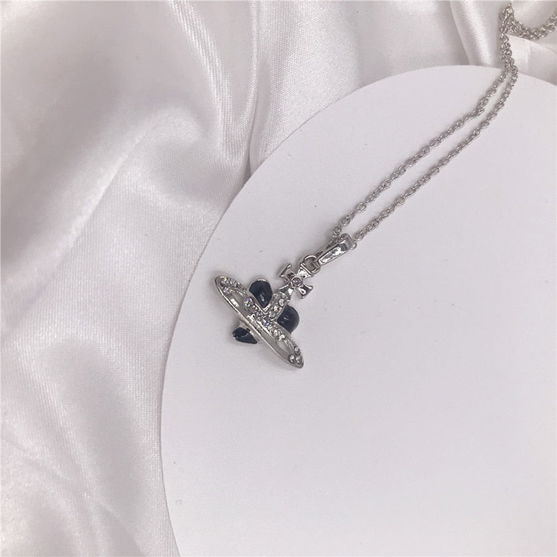 Trendy Heart Saturn Necklace for Women High Quality Luxury Jewelry Pendant AAA Shiny Zirconia Wedding Party Gift Stainless Steel