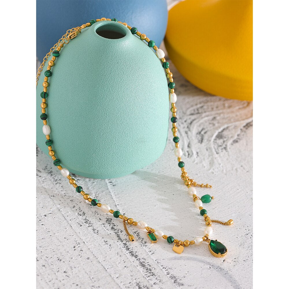 Yhpup Luxury Bling Green Cubic Zirconia Pendant Natural Pearl Stone Chain Necklace Fashion Stainless Steel Handmade Jewelry