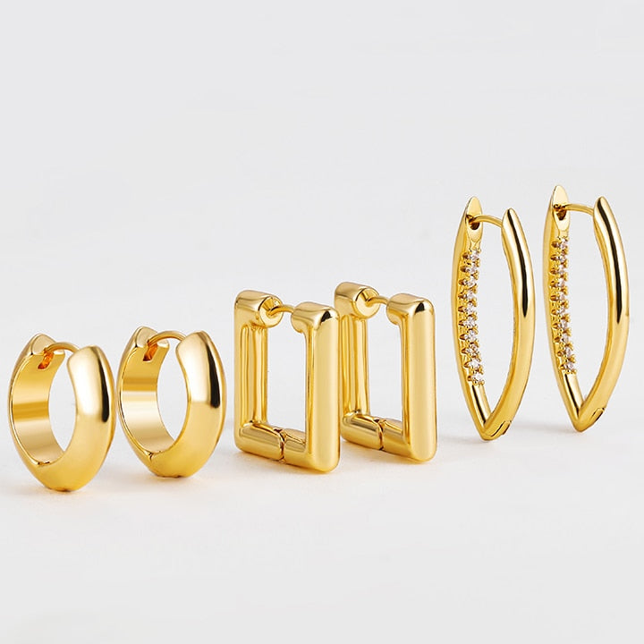 3pair Creative Gold Color Geometric Irregular Hammered Earrings Vintage Twisted Cuban Chain Hoop Earrings Set for Women Jewelry