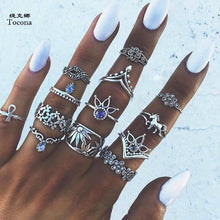 Load image into Gallery viewer, Tocona 13pcs/Set Bohemia Antique Silver Color Crown Flower Unicorn Carved Rings Sets Knuckle Rings for Women Jewelry 4841