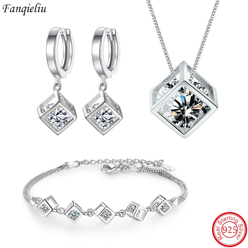 Fanqieliu Real 925 Sterling Silver Drop Earrings Square Crystal Pendant Necklace Extend Bracelet For Women Jewelry Sets FQL22087