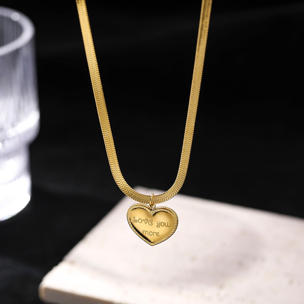 316L Stainless Steel New Fashion Upscale Jewelry Love Heart Lovers Love You More Charms Chain Choker Necklace Pendant For Women