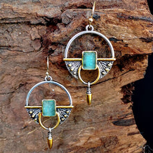Load image into Gallery viewer, Creative Square Blue Green Stone Boho Earrings for Women Vintage Two Tone Round Hollow Geometry Dangle Earrings Jewelry