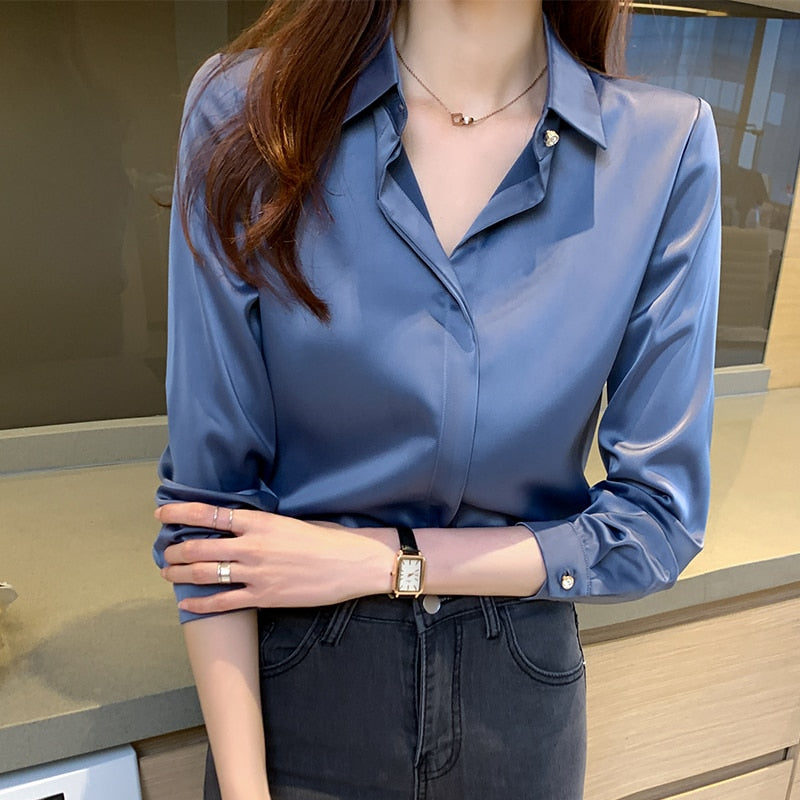 Graduation Gifts   Office Lady Silk Women Shirt Blouse Tops Button Shirts Female Long Sleeve Satin Blouses for Women Clothing Chemise Femme 17276