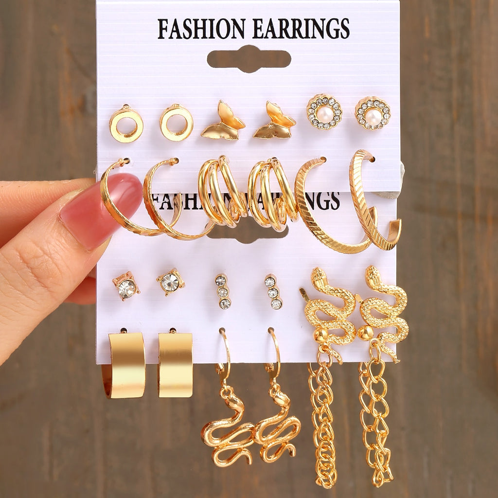17KM 2Set Gold Plated Earrings Set Vintage Pearl Heart Butterfly Snake Twist Hoop Earrings For Woman 2022 Fashion Jewelry Gifts