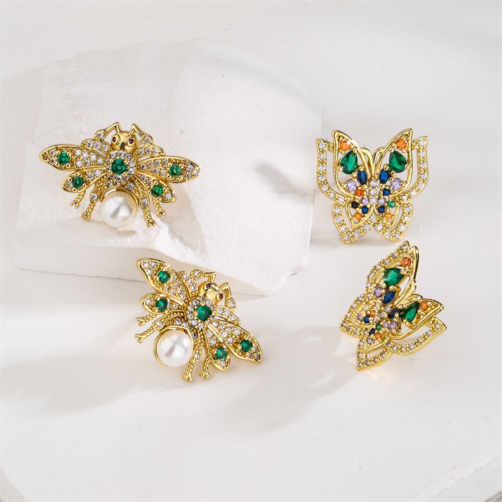 2 Style 2022 Trendy Gold Color Copper Wedding Jewelry Female New Fashion AAA CZ Pearl Butterfly Stud Earrings For Women Girl