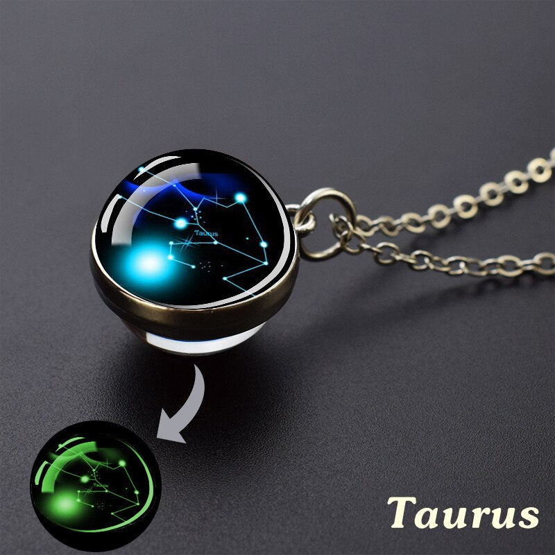 12 Constellation Necklace Starry Sky Luminous Zodiac Glass Ball Pendant Necklace Christmas Gift for Men Women