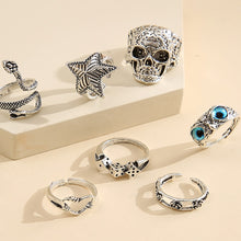 Load image into Gallery viewer, 17KM 7Pcs Skull Owl Snake Rings Set Gothic Vintage Punk Rings for Women Silver Plated Rings Black Dice Rose Charm Finger Jewelry