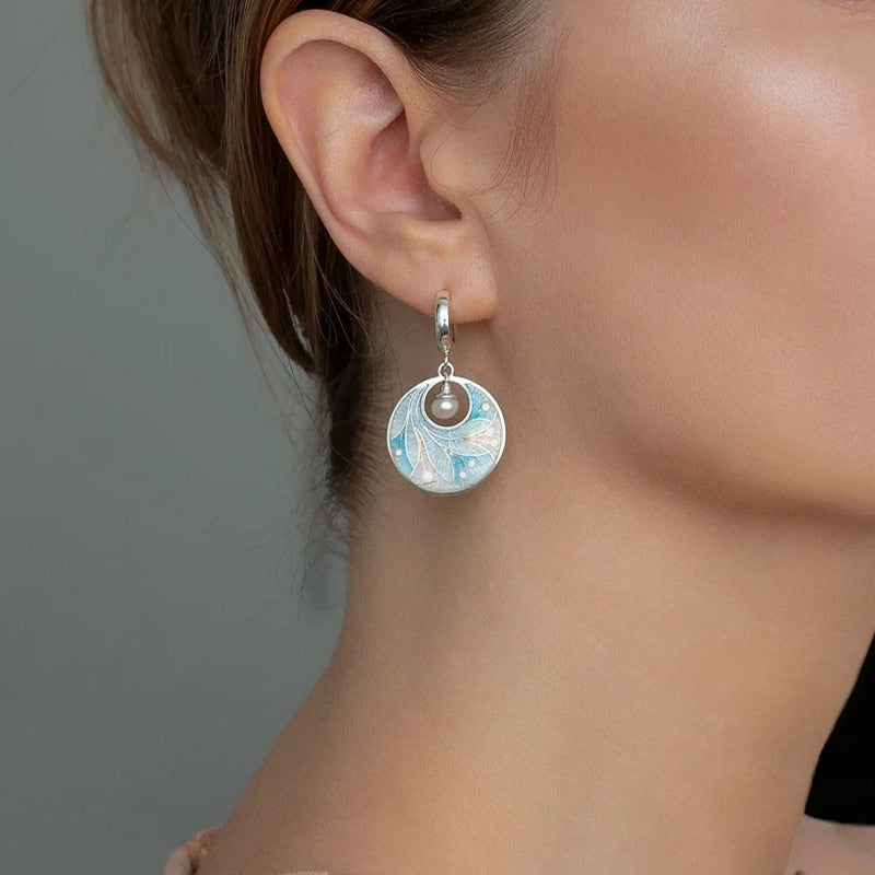 Colorful Peacock Tail Earrings Fashion Round Metal Inlaid Pearl Drop Earrings Women&#39;s Jewelry
