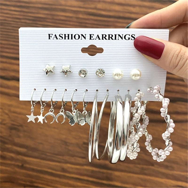 Silver Color Butterfly Earrings Set For Woman Girls Vintage Pearl Circle Geometric Twist Hoop Earrings 2022 Trendy Jewelry Gifts