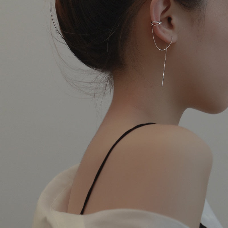 1 Pc Cross Chain Ear Cuff Long Tassel Rhinestones Piercing Stud Earring Simple Silver Color Ear Cuff 2022 Trendy Women Jewelry