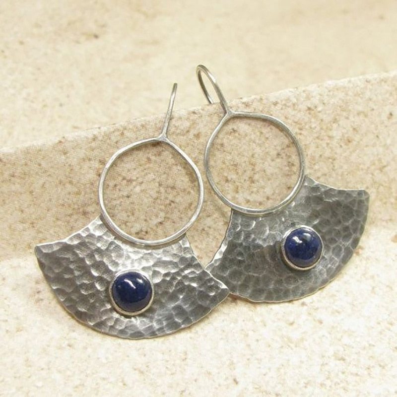 Tribe Fan Metal Dark Blue Stone Drop Earrings Vintage Jewelry Metal Round Hollow Welding Hook Earrings Women Accessories