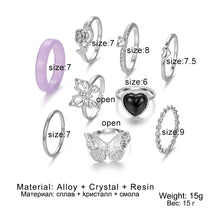 Load image into Gallery viewer, KISSWIFE Y2K Silver Color Rings Set For Women Girls Black Heart Butterfly Flower Rings Crystal Acrylic Finger Ring Trend Jewelry