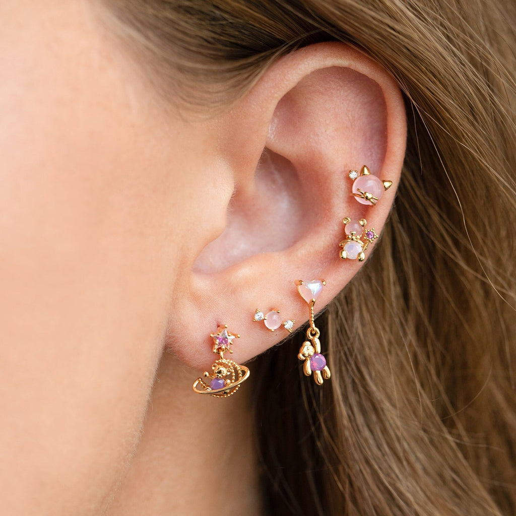 New Trendy Stainless Steel Cute Sweet Pink Heart Bear Cool Purple Wing Piercing Cartilage Stud Earrings for Women Girls Jewelry