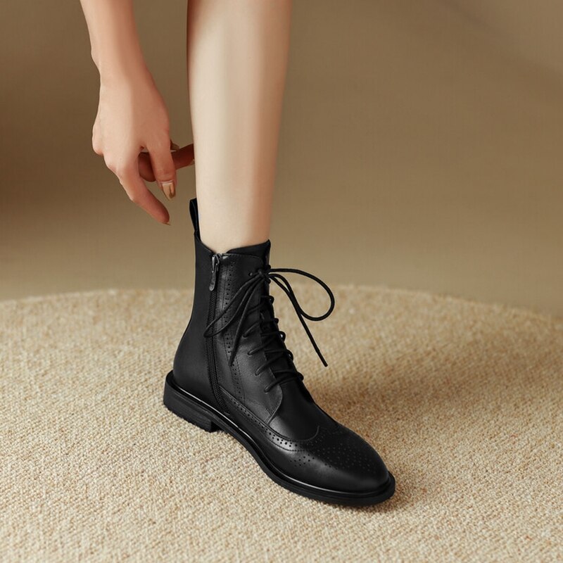 funninessgames  fashion inspo    NEW Fall Shoes Women Round Toe Low Heel Shoes Winter Solid Genuine Leather Boots Women Hollow Brogues Ankle Boots Chelsea Boots