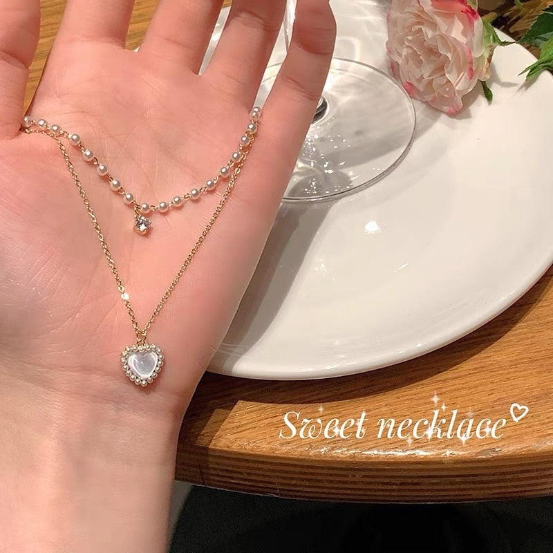 2022 New Double Layer Gold Color Clavicle Chian Luxury Simulated Pearls Necklace Fashion Crystal Heart Pendant Necklace Jewelry