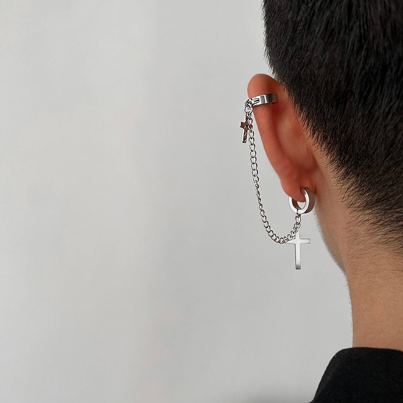 Punk One-peice Cross Tassel Clip Earrings for Women Teens Men Ear Cuffs Zinc Alloy Hip Hop Jewelry Vintage Chain Metal Earing
