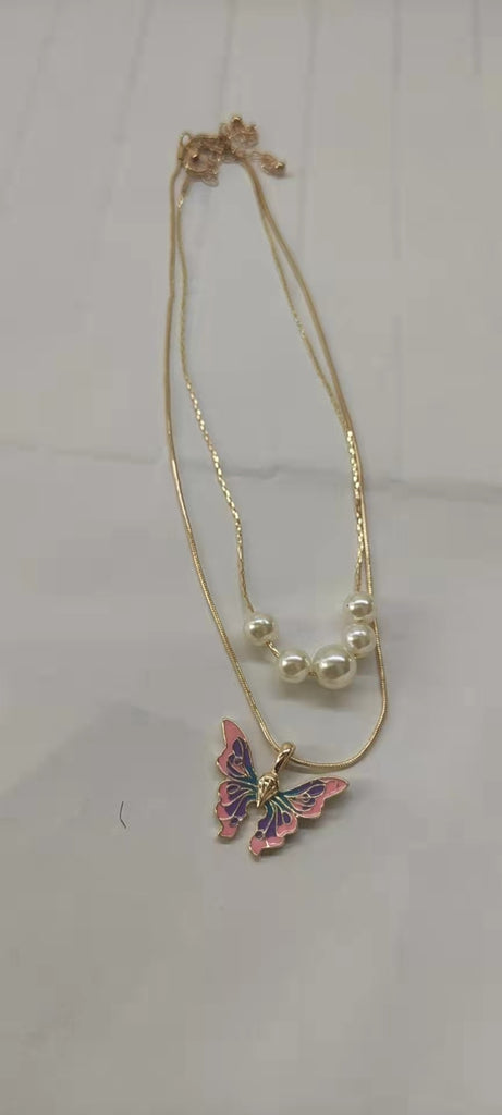 Fashion Women Butterfly Necklaces Thai Pop Butterfly Pearl Necklace Double Choker Chains Jewelry